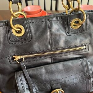 Coach Black Leather Shoulder Bag with Gold Accents